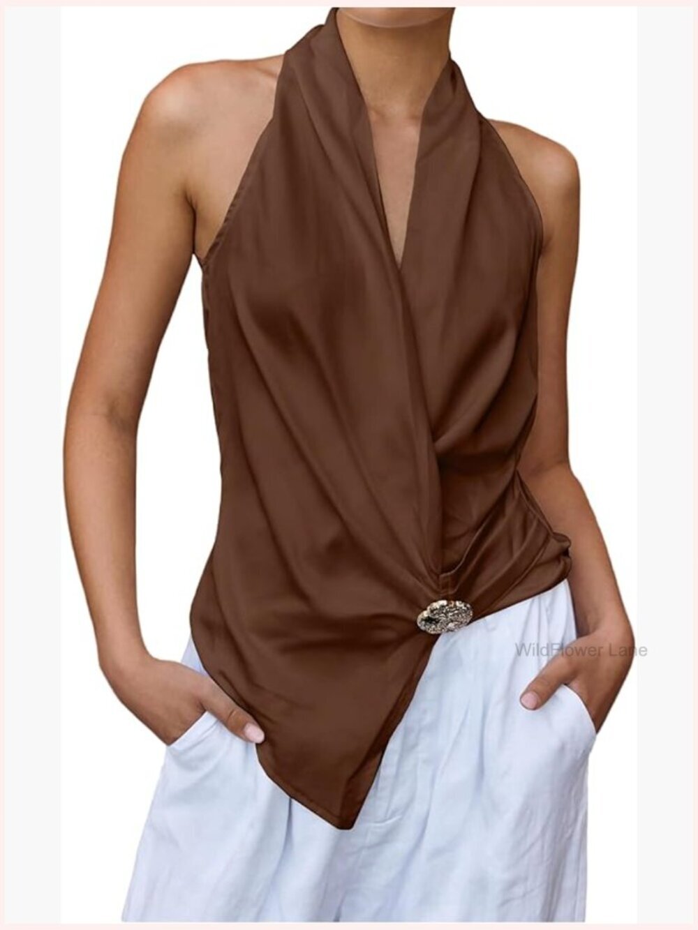 Sleeveless Draped Halter Neck Tank Top Asymmetric Hem Blouse